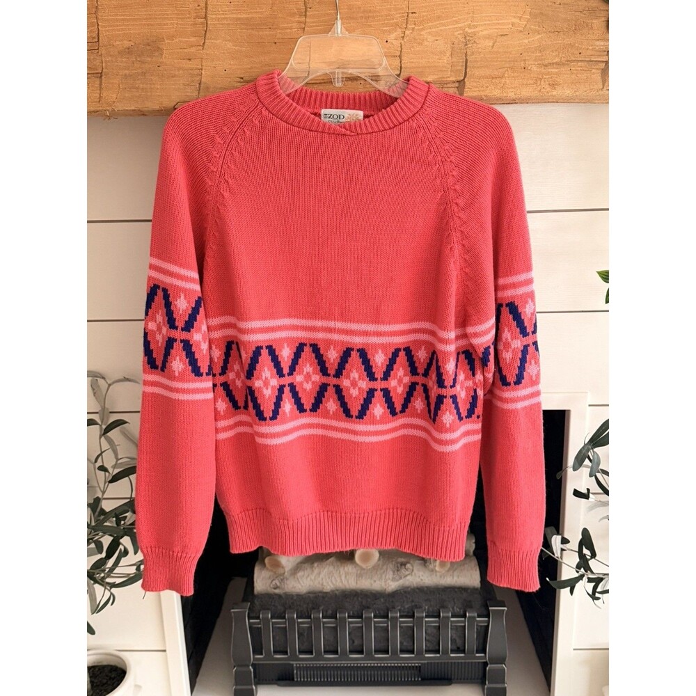 Womens Izod Club Sweater Sz Medium Pink Dark Blue Geometric Vintage Pullover Top